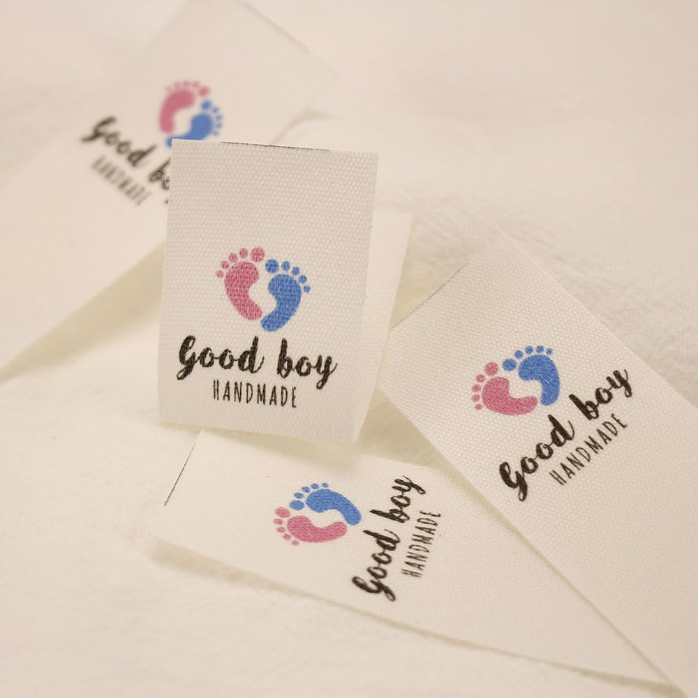 Etiquetas de costura personalizadas, marca personalizada, etiquetas de ropa, logotipo, huella de bebé, 25 mm x 70 mm, para artículos hechos a mano (MD5028) -500 piezas