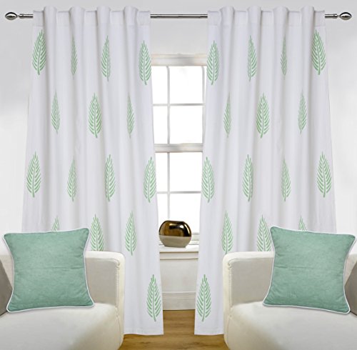 Image of LINENWALAS Mother's Day Deals on 2 Piece Jaipuri Hand Block Leaf Print 100% Cotton Door Curtain with 2 Pcs Matching Cushion Cover (Set of 4) - Green Leaf - 7ft