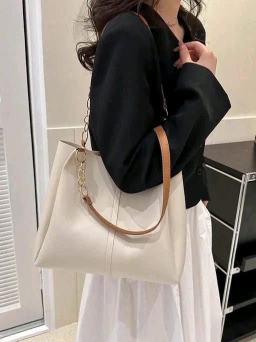Image of GALAXY FASHION POINT Luxury Women's Handbag Tote - Premium PU Leather Shoulder Bag with Chain Strap, Spacious Stylish Office & Casual Use Purse (Beige & Brown)