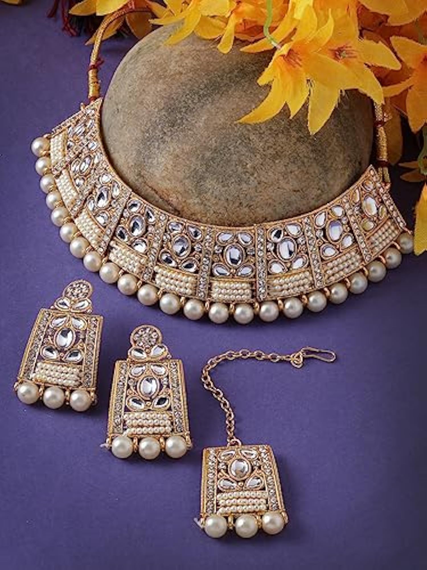 Stylish Stone & Pearls Choker Set with Earring and Maangtika