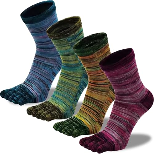 QUPOLPOL Calcetines Cinco Dedos Hombre – Pack de 4 Pares Algodón Transpirable Diseño Retro a Rayas, Talla Única 39‑45, Para Deporte y Uso Diario