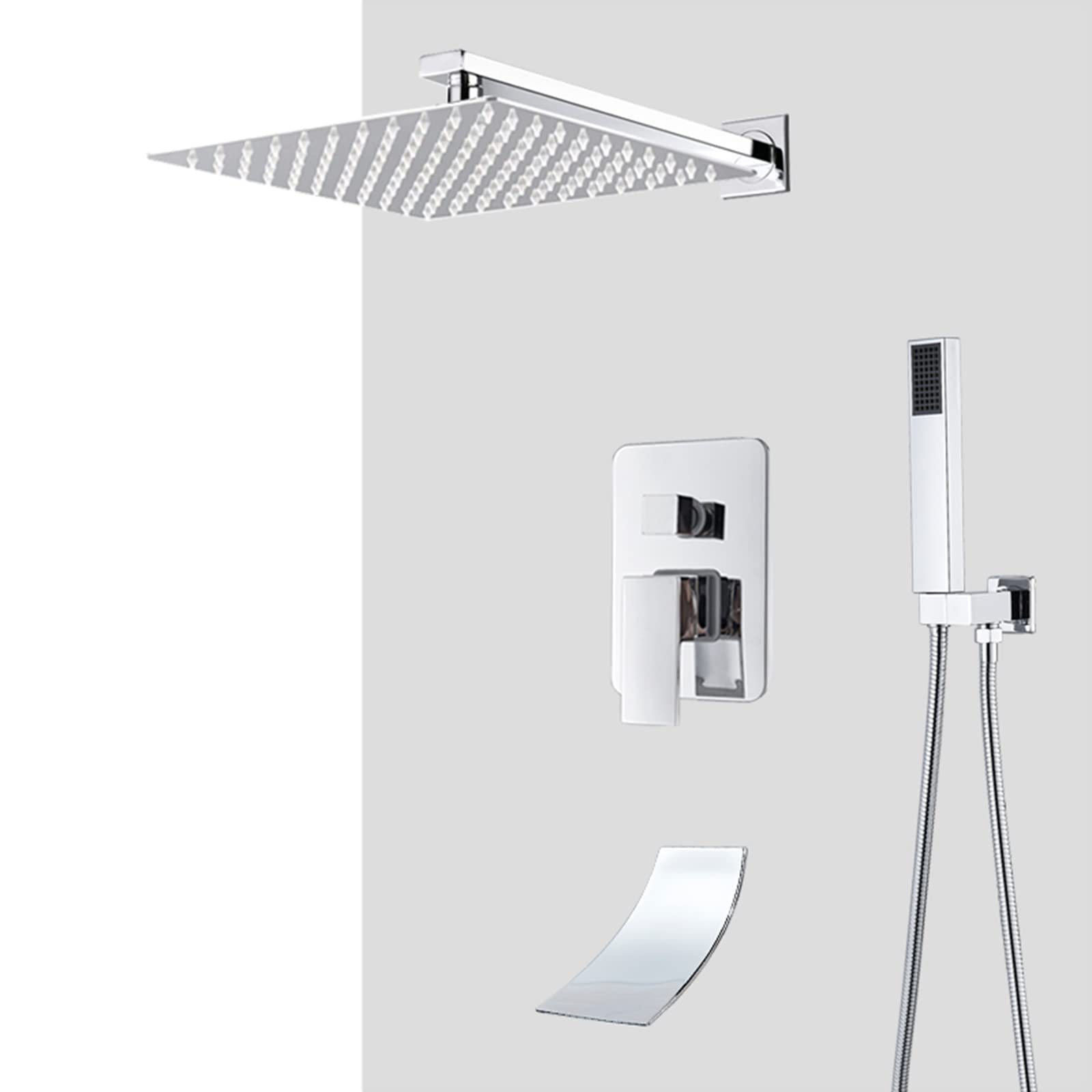 Système de douche encastré mitigeur mural complet avec ciel de pluie et douchette