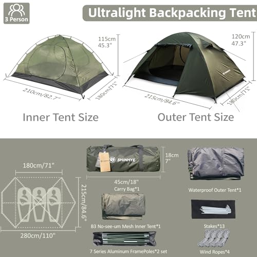 Image of ShinHye Backpacking Tent 2 /3 /4 Person - Ultralight Dome Portable Tents for Camping Easy Set Up, Outdoor Hiking Waterproof Camp Instant Tent Two Doors Double Layer