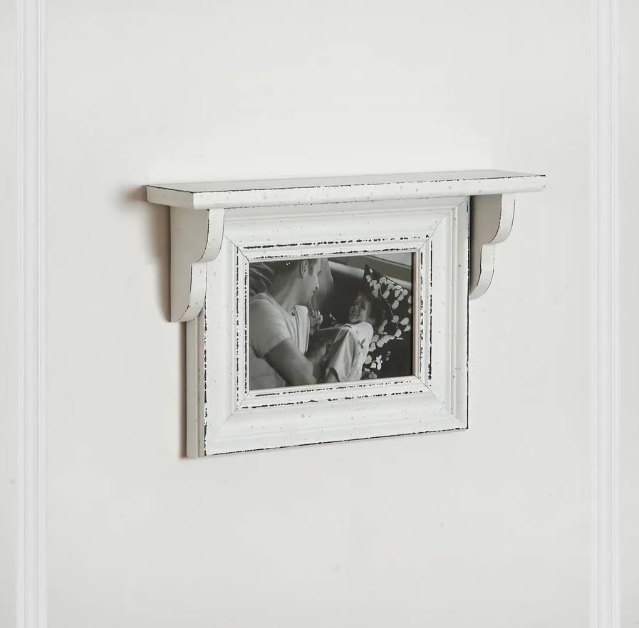 Image of Photoframe with wooden shelf for Home Office Bedroom Decor - White