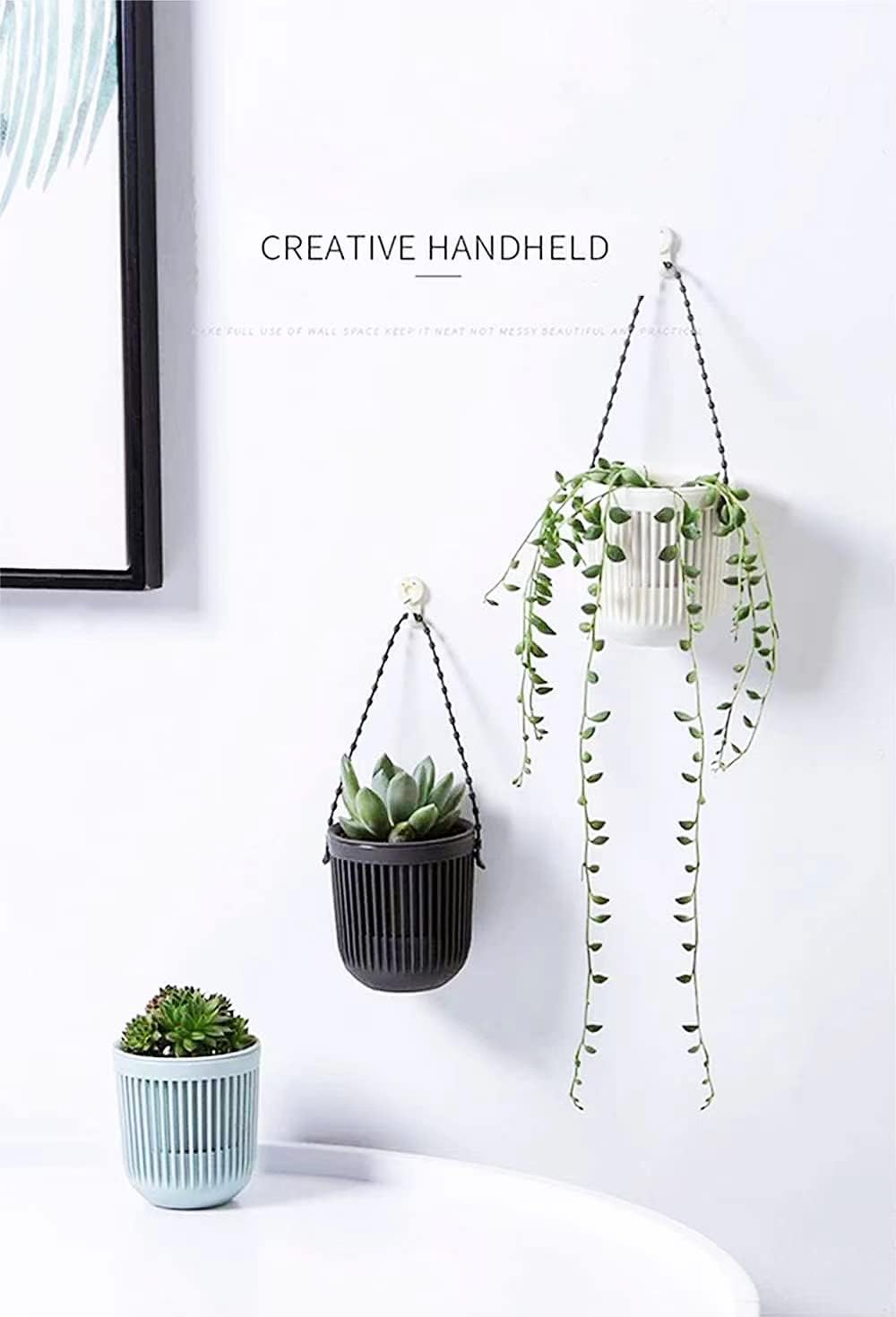Melphoe 3.5‘’ Two-Piece Succulent Planters Pots with Drainage, Flexible Removable Handle, Flower Pots for Mini Plants Small Hanging Planter for Wall, Window (6 PCAK)