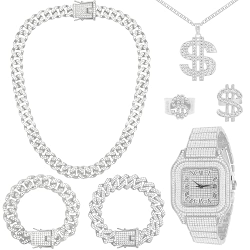 NEWITIN 7 Pieces Silver Jewelry Set for Men Diamond Watch Necklace Bracelets Stainless Steel Cubic Zirconia Cuban Jewels Bling Dollar Necklace Rings Hip Hop Jewelry Set for Men Women