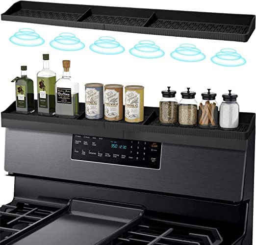 AUAUY Stove Top Shelf Magnetic, 30 inch Silicone Shelf for the Stove, Kitchen Organizer Oven Shelf Spice Rack, Stove Top Shelf With 3 Function Partitions, Stove Shelf Magnetic Shelf Of 6 Magnets-Black