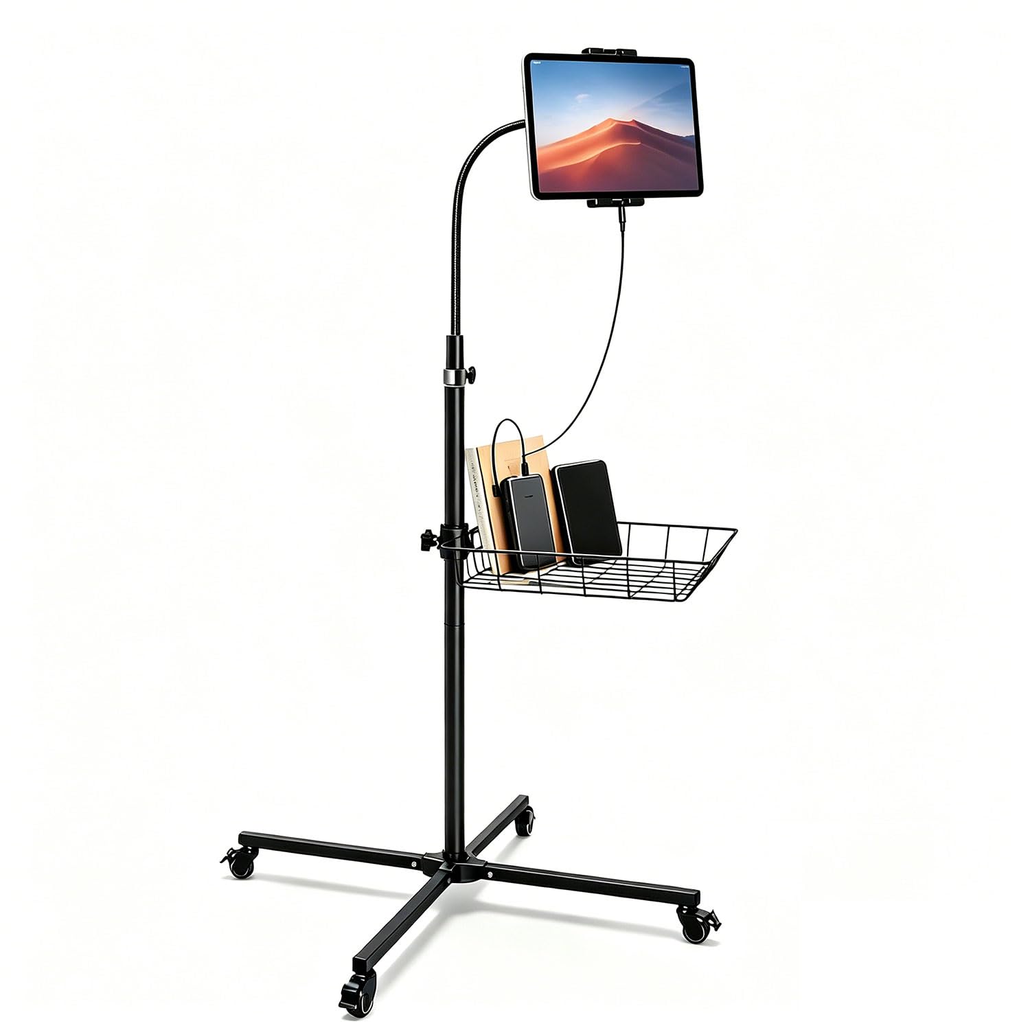 wishacc Tablet-Ständer, verstellbarer Bodenständer mit Schwanenhals, Rollfuß mit Rollen, höhenverstellbar (groß)