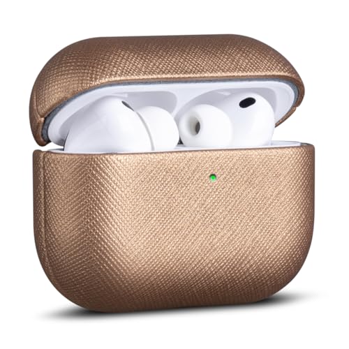 Image of Haobobro Handmade Case - for AirPods Pro 3 Case Cover - Premium Vegan Leather with Cross-Grain Texture, Wireless Charging Compatible, Drop Protective Hard Cover for AirPods Pro 3rd Generation - Gold
