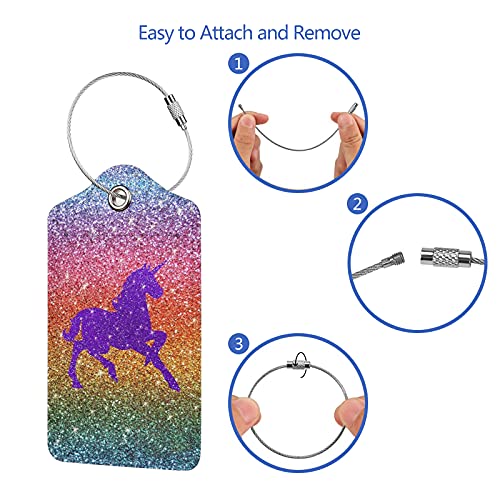 BLUBLU 2 Pack PU Leahter Luggage Tag with Stainless Steel Loop, Funny Travel Suitcase Labels with Privacy Cover ID Label Quickly Spot for Bags & Baggage Rainbow Glitter Purple Sparkles Unicorn3