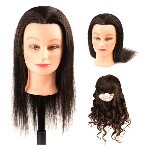 Mannequin Head 100% Real Human Hair for Cosmetology Training with Free Clamp Holder 16" Dark Brown