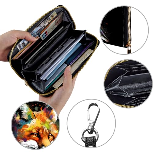 Image of Women's Wallets,Credit Card Holder Money Leather Long Wallet with Wristlet,Large Capacity with Zip-Around Phone Purse for Women Ladies Girls,Colorful Fox