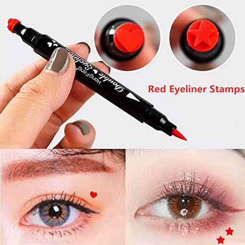 Go Ho Red Liquid Eyeliner Stamps Set,2 PCS Double-Side Seal Waterproof Stamp Eyeliner Pen,Long-lasting Smudge-proof Tattoo Tool,Cat Eye Makeup With Shape of Red Star and Heart,Eye Liner Makeup Tools