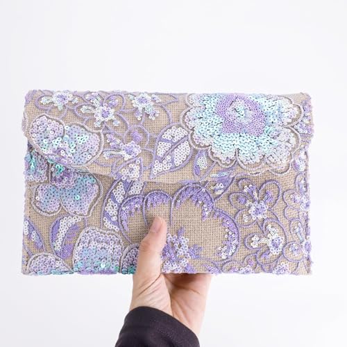 Image of Clutch Purses for Women, Envelope Package, Sequin Embroidered Flowers Straw Bag, Bohemian Handmade Handbags