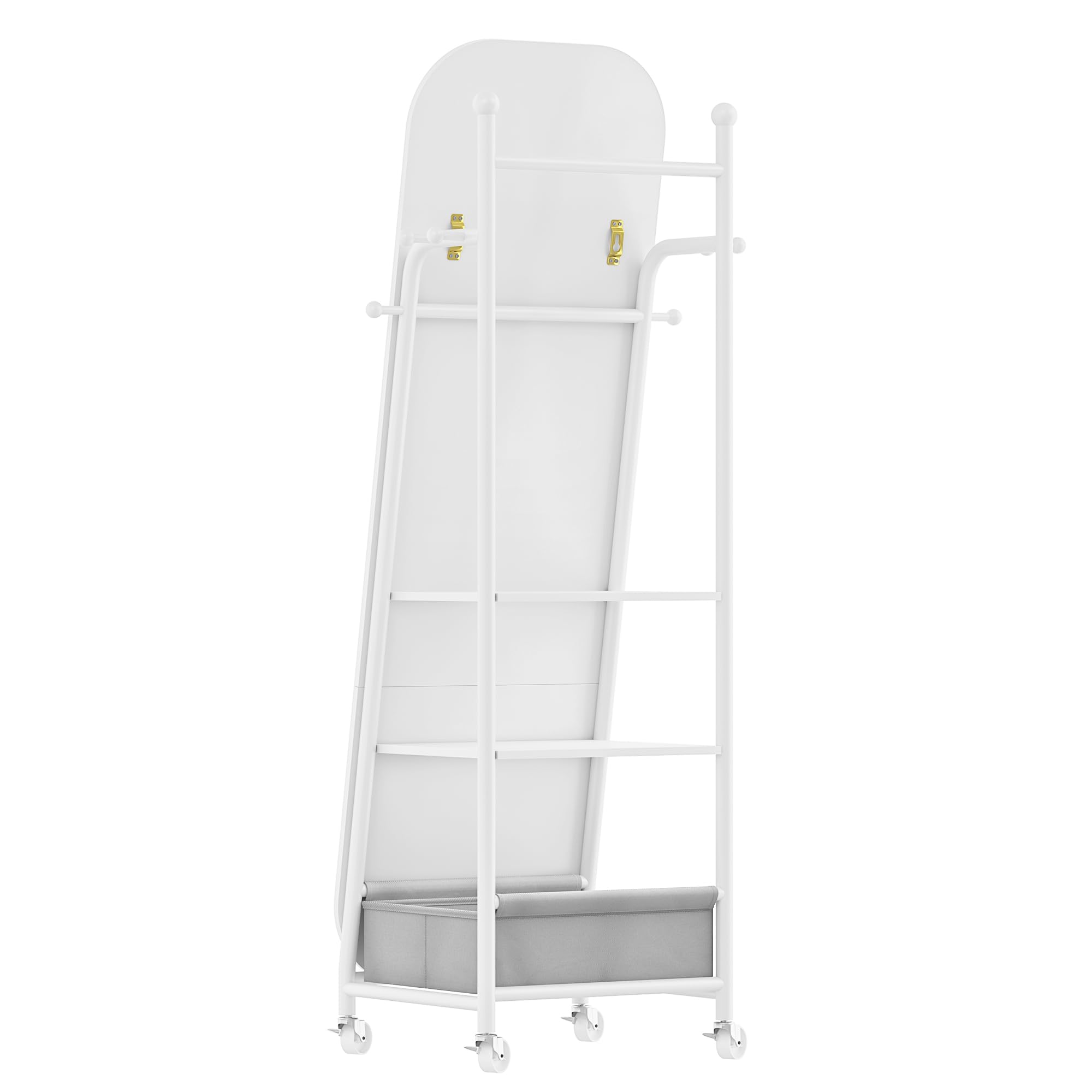 Hzuaneri Espejo de Cuerpo Entero, 160x50cm, Espejo de tocador con Perchero, Ruedas Giratorias de 360°, Espejos grande con caja de almacenamiento y ganchos, para Guardarropa, Dormitorio o Salon, Blanco