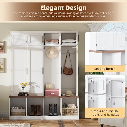 Image of Hall Tree with Entryway Bench and Shoe Storage Compartments, Particle Board Multi-Functional Cabinet with 4 Hanging Hooks, White