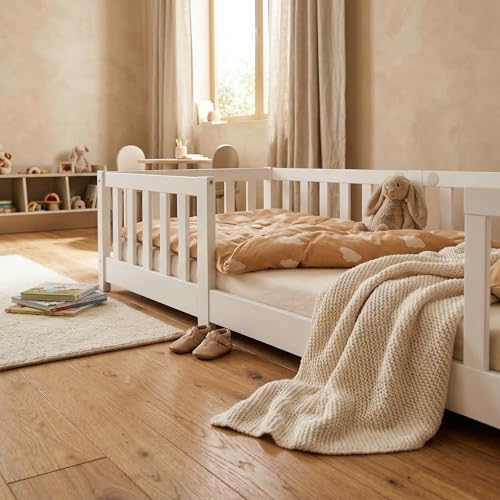 ecomi® Kinderbett 90x200 Bodenbett Kinder Bett mit Rausfallschutz und Lattenrost für Kinder Kinderbetten für Mädchen und Jungen Massivholz Kiefer in Weiß