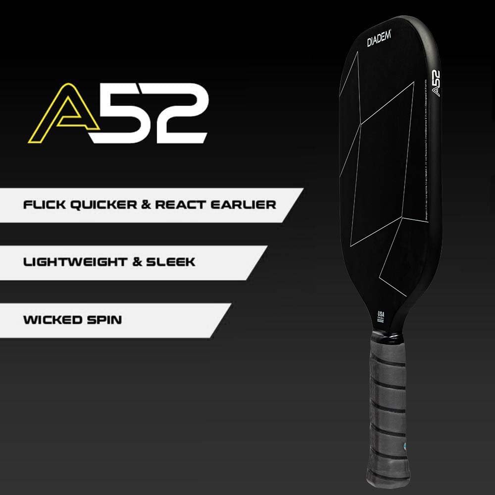 Diadem A52 Carbon Fiber Pickleball Paddle | Lightweight Thermoformed Paddle with Edgeless Design, Spin-Ready Surface, USAPA Approved for Control & Power