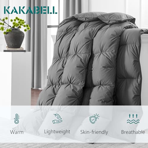 Image of KAKABELL Pinch Pleat Goose Down Feathers Fiber Comforter King Size All Season-Ultra Soft and Cozy Noiseless Duvet Insert with Egyptian Cotton Blend Cover,Fluffy Warm Comforter Insert(Grey,90 inchX106 inch)