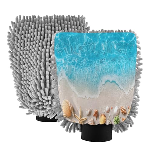 Kigai Blue Ocean and Seashells Car Wash Mitt Microfiber, 2Pcs Scratch Free Lint-Free, Premium Chenille Microfiber Mitt Car Wash Brush-L