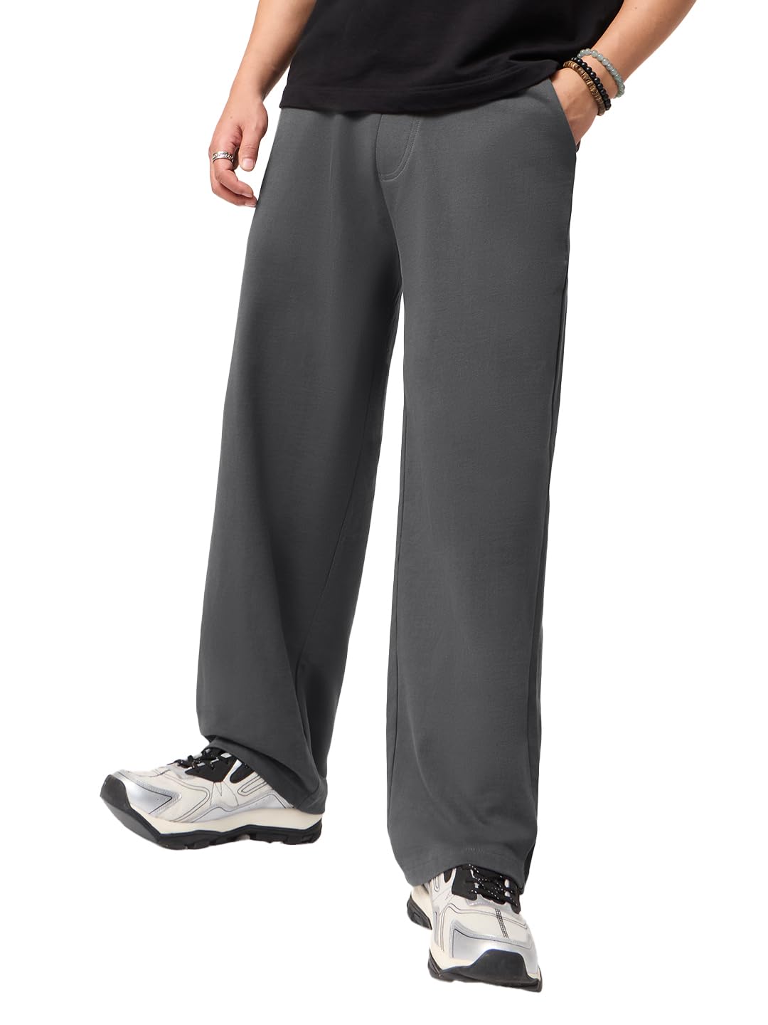 The Souled Store Korean Joggers: Dark Ash Men and Boys Elastic Waistband Dark Grey Solid Cotton Fleece Relaxed Fit Lightweight Everyday Korean Joggers