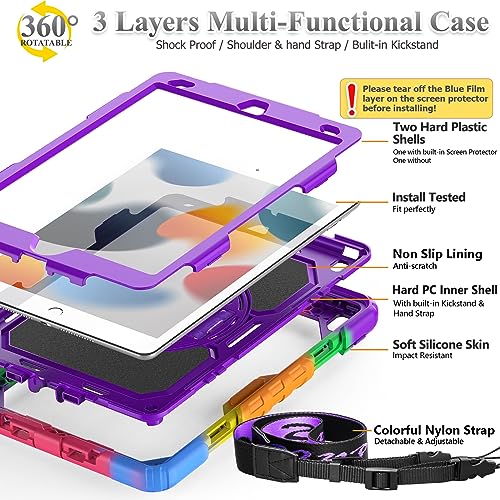 Image of SEYMAC Stock Case for iPad 9th / 8th / 7th Gen 10.2'', Shockproof with Screen Protector & Pencil Holder, 360 Rotating Hand Strap & Stand, Purple+Colorful