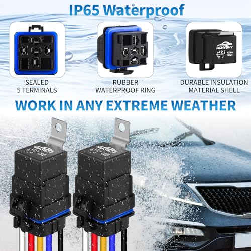 Kit de 5 Relevadores Impermeables de 5 Pines 40/30 AMP 12V con Arnés y Cables de Cobre Estañados 12&16 AWG, Relevador Automotriz SPDT para Bocinas, Arranques, Ventiladores de Radiador, Paquete de 5 miniatura 4