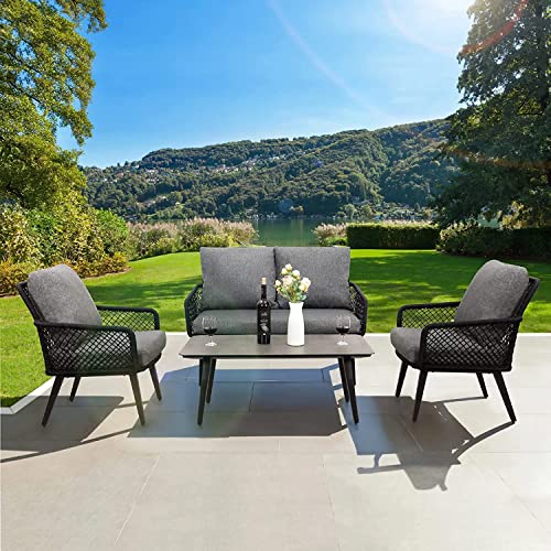 Image of DEVOKO Outdoor and Indoor 4 Seater Sofa with Center Table and Cushioned Rope Chairs Set for Garden, Balcony (Black & Grey)