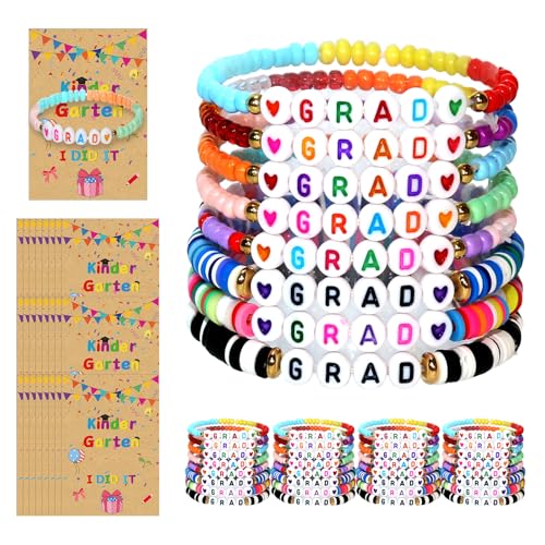 Shcsdr 40 Set Kindergarten Graduation Bracelets Bulk Wish Cards and Organza Bags 2025 Adjustable Stretch Beaded for Jewelry Gift Party Favors Preschool Graduate Supplies for Class