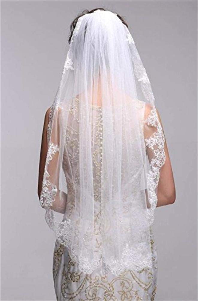 3M/4M/5M One Tier Voile da matrimonio con laccio applique bordo bianco avorio catedrale lunghezza matrimonio accessorio lungo velo da sposa con pettine, Ivory,3 x 2 m