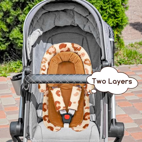 Image of GFU Baby Car Seat Head Support for Newborn, 2 in 1 Infant Car Seat Head Body Support with Strap Pads, Soft Stroller Cushion Pillow Insert for Girls, Fits for Stroller, Swing, Brown