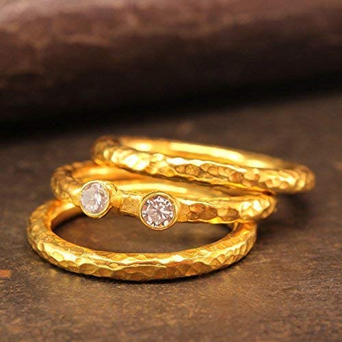 Set of Three Cubic Zirconia Stackable Ring Set 925 Sterling Silver 24K Yellow Gold Vermeil Hammered Handcrafted Stacking Band Ring