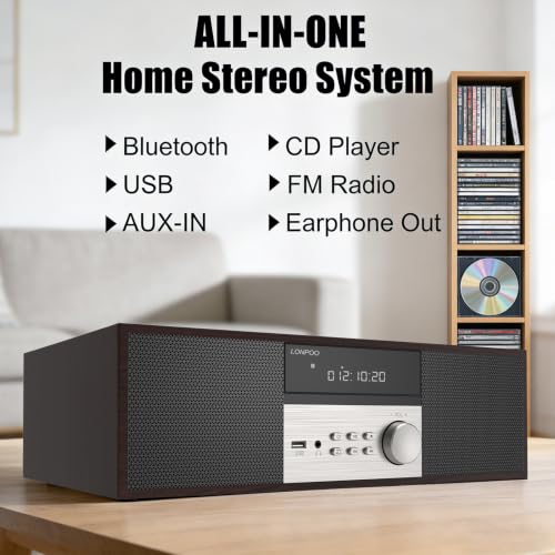 Image of LONPOO Stereo System with CD Player, 40W CD Players for Home, Bluetooth, USB Playback, FM Radio, Aux-Input, Earphone Port