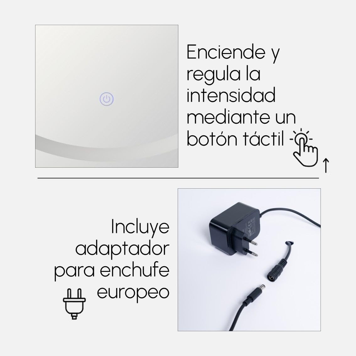 LOLAhome Espejo de Pared Redondo Marco Negro con luz LED Blanca de 60 cm