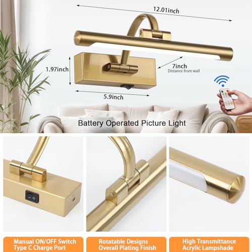 Image of Tassuowell Rechargeable Picture Light with Remote Control,12 Inch Brass Finish Adjustable Wireless Art Lighting Fixture,Painting Lights with Timer,3 Color Temperature and Dimmable