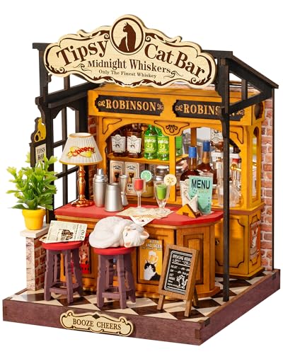 Rolife DIY Miniature House Kit Tipsy Cat Bar 136-Piece Model Kit Dolls House for Adults Teens No Glue Needed 3D Puzzle Mini House Building Kit 1.5-Hour Assembly Book Nook Craft Kit