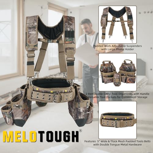 Image of MELOTOUGH Camo Tool Belt with Suspenders Camouflage Tool Bag Supenders Framers Comb Apron Tool Belt Construction Tool Pouch Suspenders Heavy Duty Carpenter Suspension Rig for Electrician