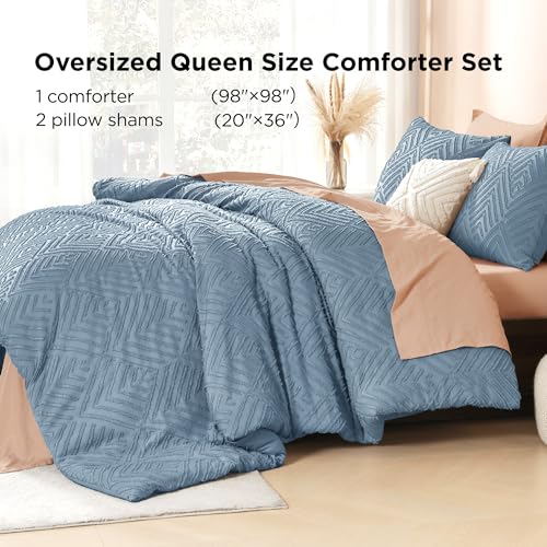Image of Litanika Grayish Blue Oversized Queen Comforter, 3 Pieces Tufted Boho Farmhouse Bedding Comforter Sets, Lightweight Fluffy Comforter Bed Set for All Season (98x98In Comforter and 2 Pillowcases)