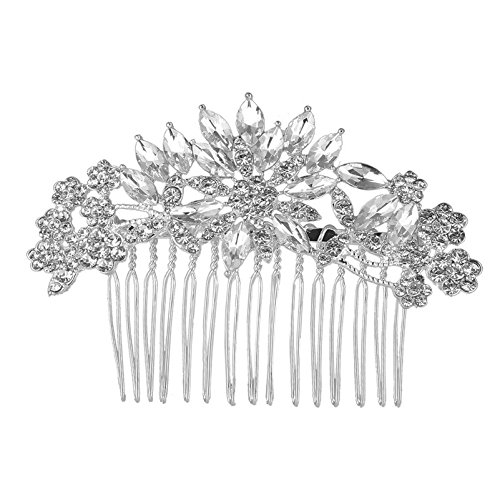 Peine para cabello de boda dobleNine plata flor cristal vintage miniatura 1