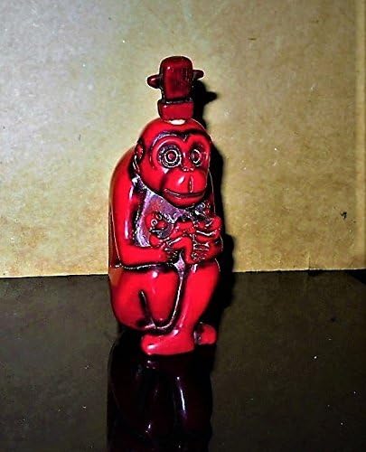 Coral Monkey Mama Snuff Bottle, Chinese Carved Dyed Red Coral Snuff Bottle. Does Not Hold Any Quanity. Hole Big Enough for Cork