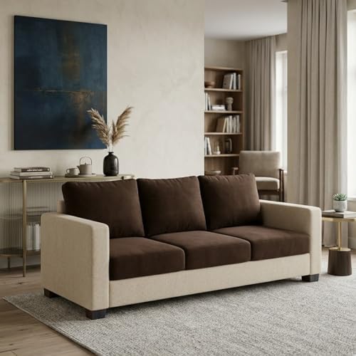 Image of FURNY Haster 3 Seater Fabric Sofa Set (Cream-Dark Brown) with Velvet Finish | Durable Comfort | Ideal for Living Room