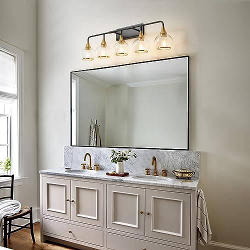 Image of Black and Gold Bathroom Vanity Light 5-Lights Bathroom Light Fixtures Over Mirror with Clear Glass Shade 39.2 inch Wall Sconce Lighting Bath(Exclude E26 Bulb)