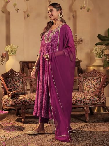Image of INDO ERA Women's Georgette Floral Embroidered A-Line Kurta & Pant with Dupatta Set