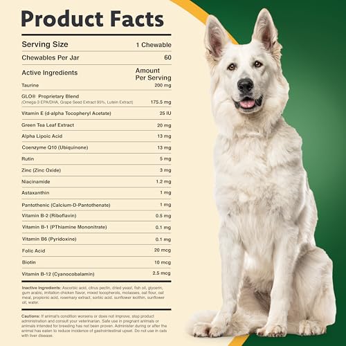 Ocu-GLO Cat & Dog Supplement for Eye Support - Chewable Vision Vitamins Supplements for Large and Small Pets Care with Lutein, Omega-3 Fatty Acids, Grape Seed Extract & Antioxidants