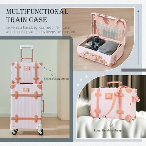 Image of UNIWALKER Vintage Luggage Set of 3, Retro Spinner Trunk with Combo Lock for Women, Cute Designer Travel Suitcase Set with Train Case, 26 inch+20 inch+12 inch, Pink Strip