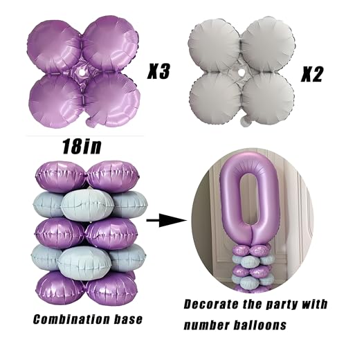 Image of 5pcs 18 In Number Balloon Base Decorated Purple White Birthday Decorations | Four-Wheeled Number Balloon Base Decorated In Lavender Purple And White, Birthday Party Decorations