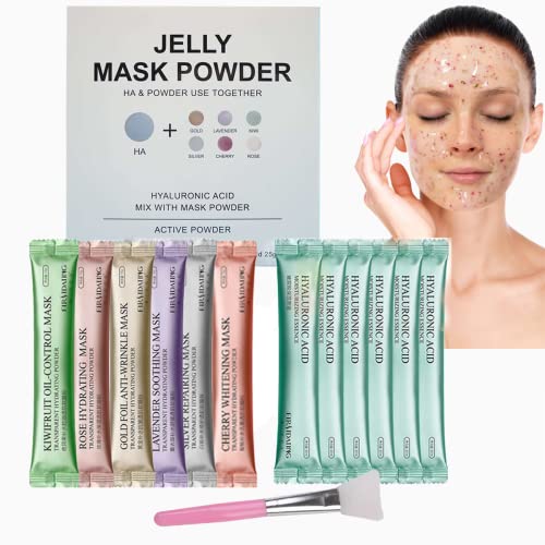 Jelly Facial Mask Peel Off Crystal Face Jelly Mask Powder Hydrating Gel Peel Off Rubber, Hyaluronic Acid Essence Sets, Diy Spa Anti-Aging Rose, Gold, Silver, Kiwi, Lavender, Cherry Powder Natural, Facial Jelly Mask Powder, Hyaluronic Acid- 12 PCS