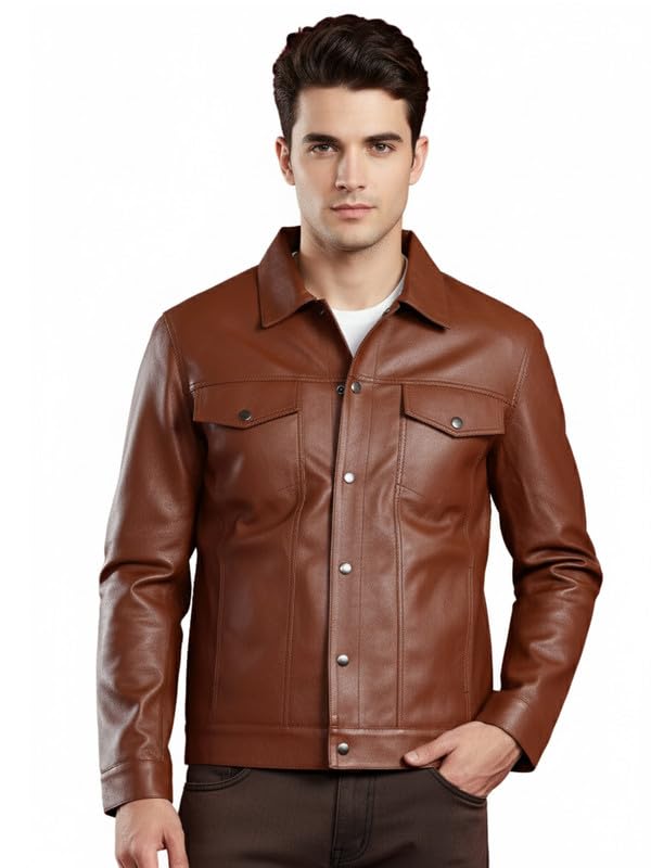 leather retail Men'S Brown Trucker Jacket | Faux Leather Casual Jacket-picture-36