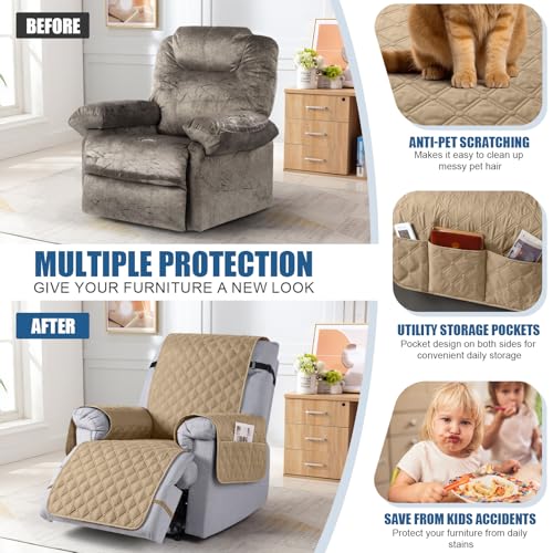Image of TAOCOCO 100% Waterproof Recliner Covers with Leg Straps, Reversible Recliner Couch Cover for Reclining Chair, Washable Couch Protector for Pets Kids (1 Seater 22 inch, Camel)