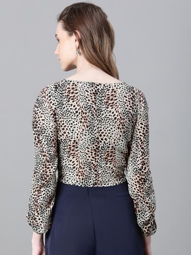 Image of oxolloxo Women Floral Print Semi-Sheer Round Neck Tie-Knotted Elasticated Long Crop Sleeve Top
